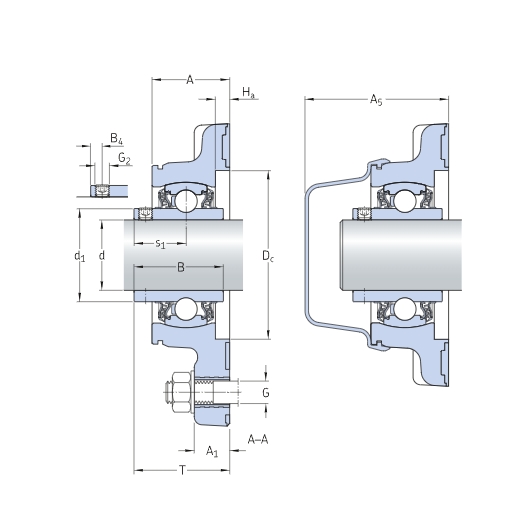Food grade square flanged ball bearing unit with locking screws, extended inner ring, and composite bearing seat