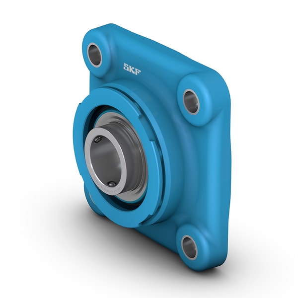 Food grade square flanged ball bearing unit with locking screws, extended inner ring, and composite bearing seat